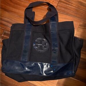 Tory Burch Ella Wool Felt Tote Navy Patent Trim Large Designer Bag vintage